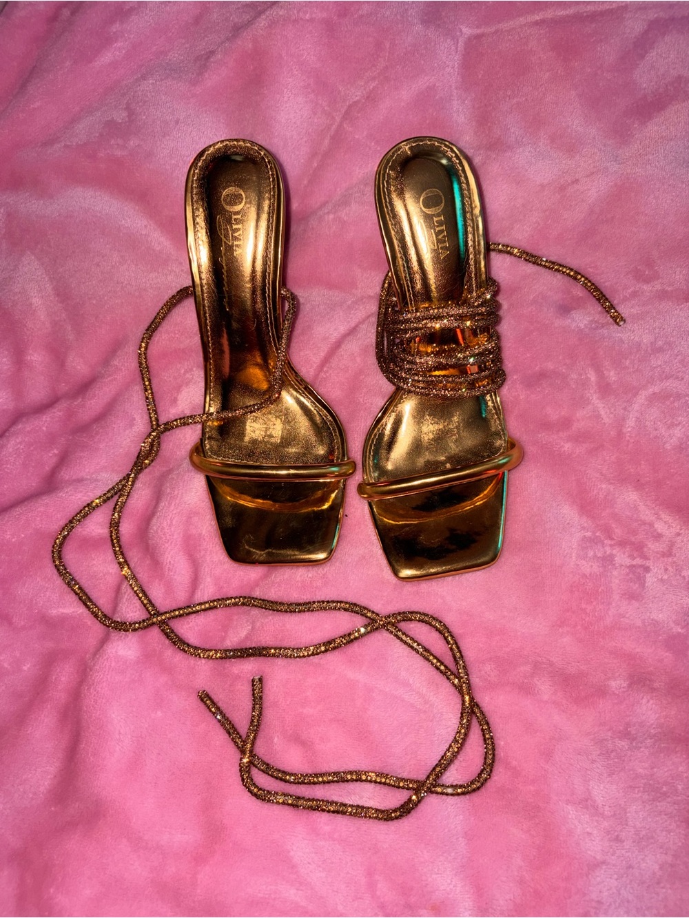 Metallic Gold Lace-Up Square-Toe Heels